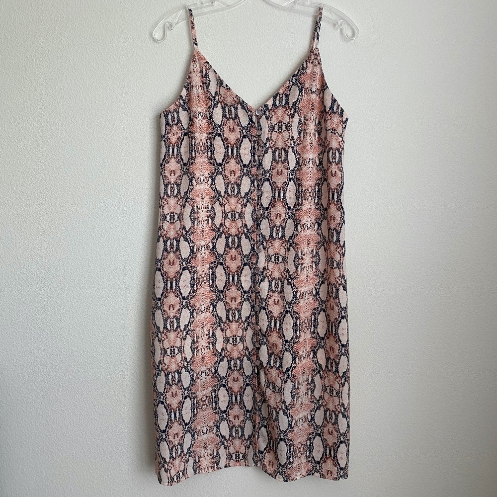 One Love Brand - Medium - Pink Snake Print Button Front Mini Dress